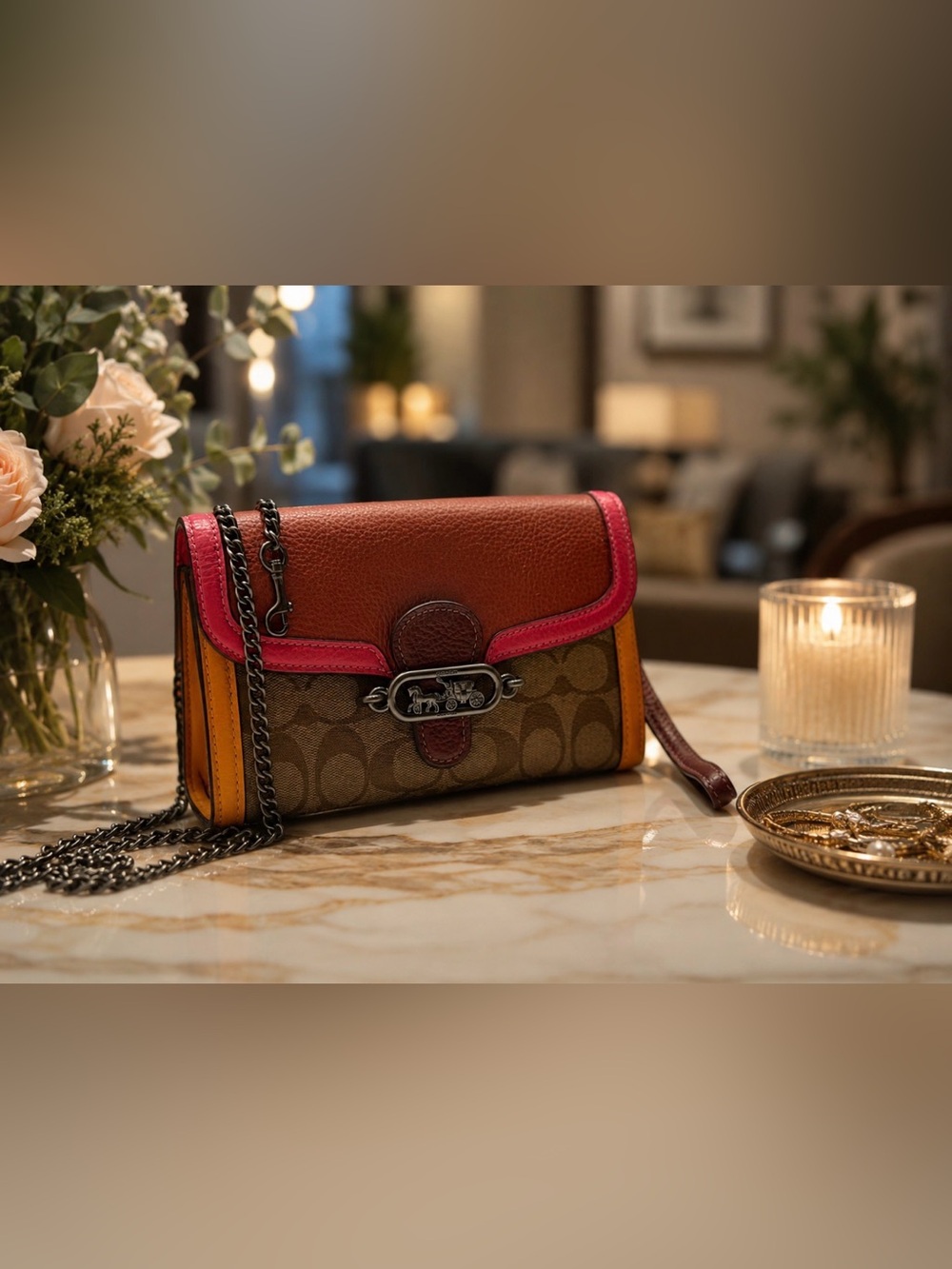 Coach Multicolor Signature Canvas Crossbody Bag - Pink, Brown & Orange Trim